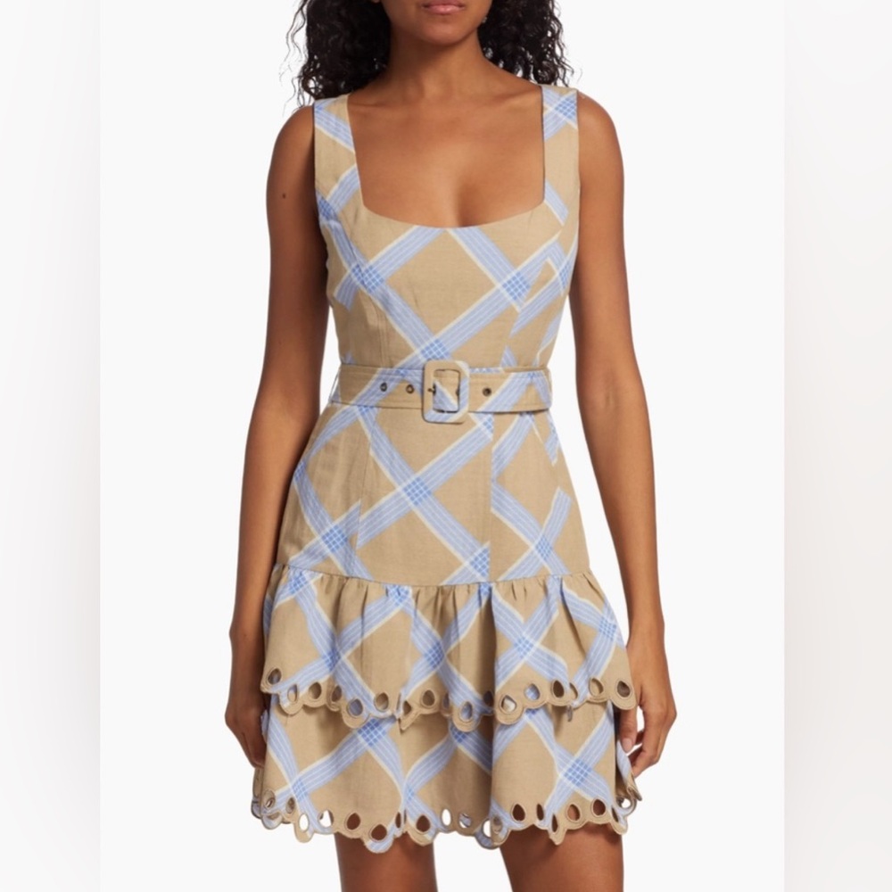 En Saison Isla Dress embroidered plaid Taupe & blue belted mini dress. Sz M, NWT